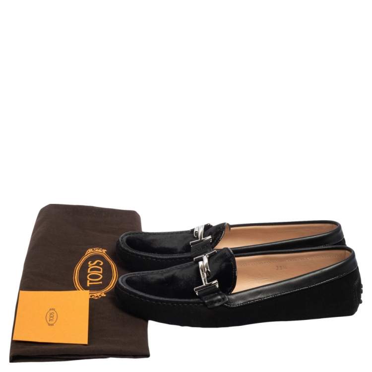 Pre Owned Tod's Black Suede and Velvet Double T Slip On Loafers Size 39.5