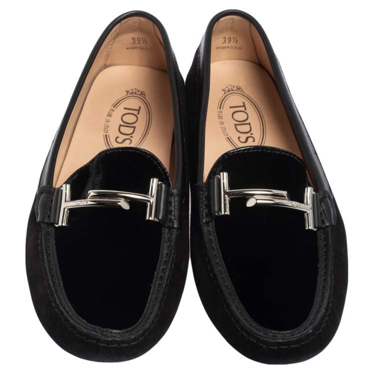 Pre Owned Tod's Black Suede and Velvet Double T Slip On Loafers Size 39.5