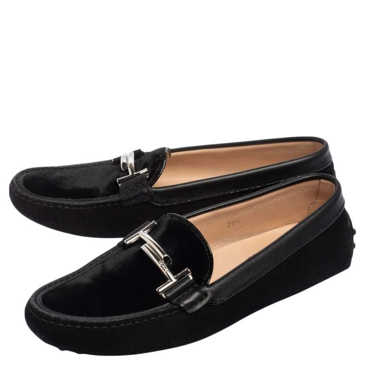 Pre Owned Tod's Black Suede and Velvet Double T Slip On Loafers Size 39.5