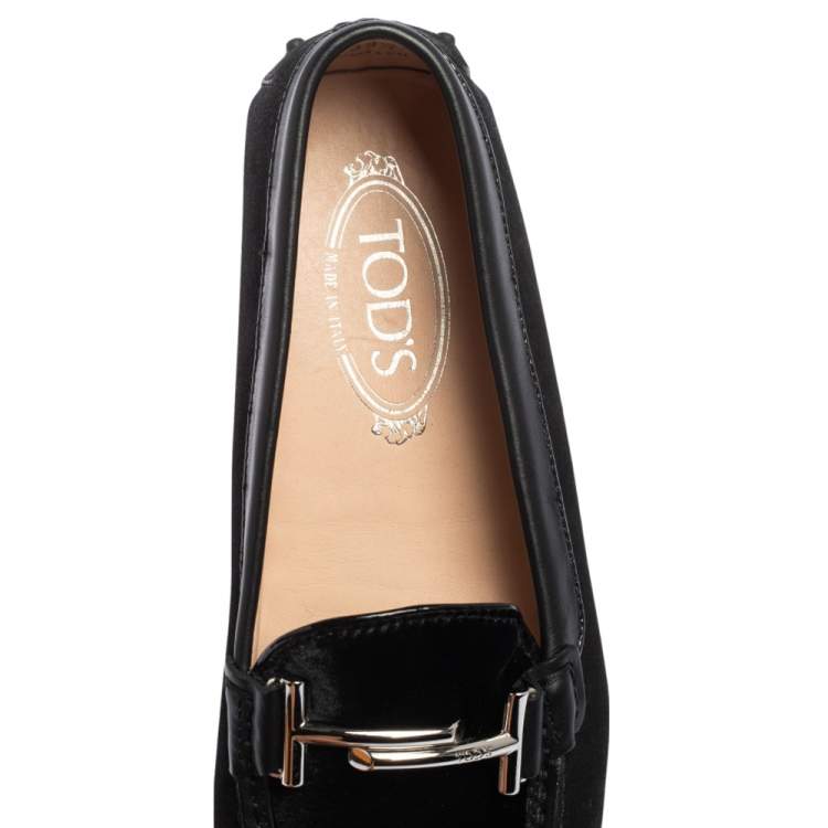 Pre Owned Tod's Black Suede and Velvet Double T Slip On Loafers Size 39.5