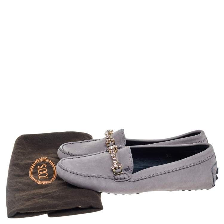 Pre Owned Tod's Grey Suede Embellished Slip On Loafers Size 36
