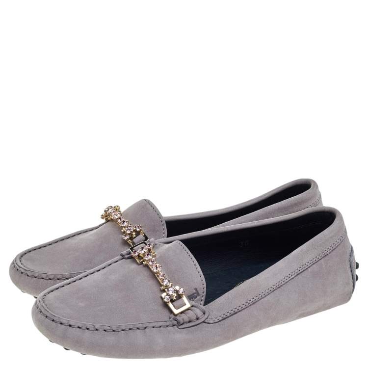 Pre Owned Tod's Grey Suede Embellished Slip On Loafers Size 36