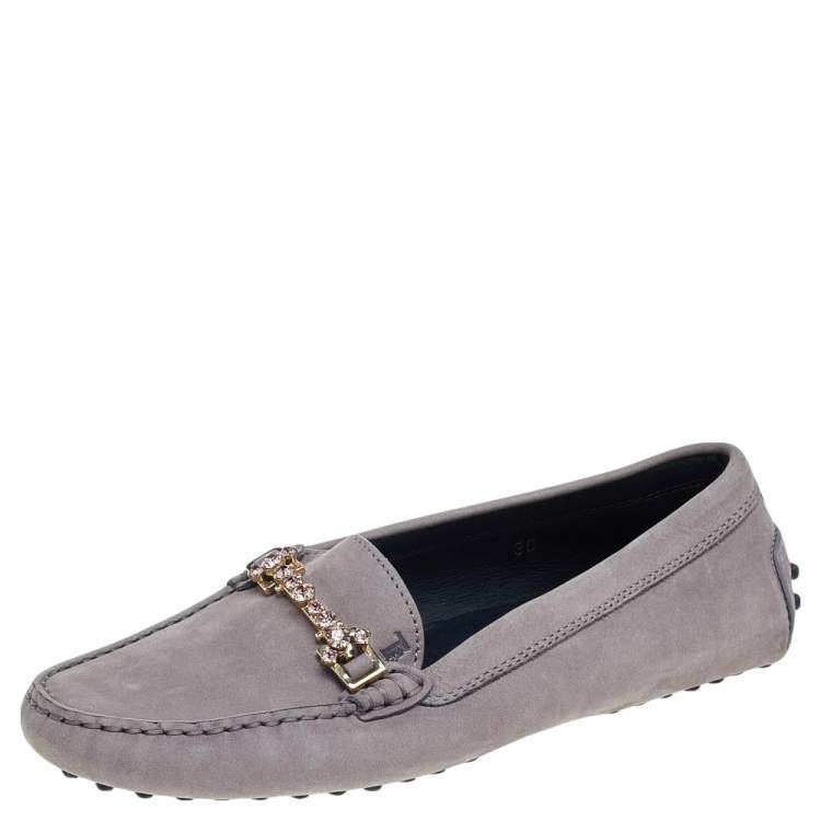 Pre Owned Tod's Grey Suede Embellished Slip On Loafers Size 36