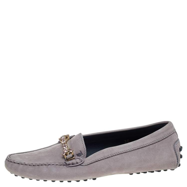 Pre Owned Tod's Grey Suede Embellished Slip On Loafers Size 36