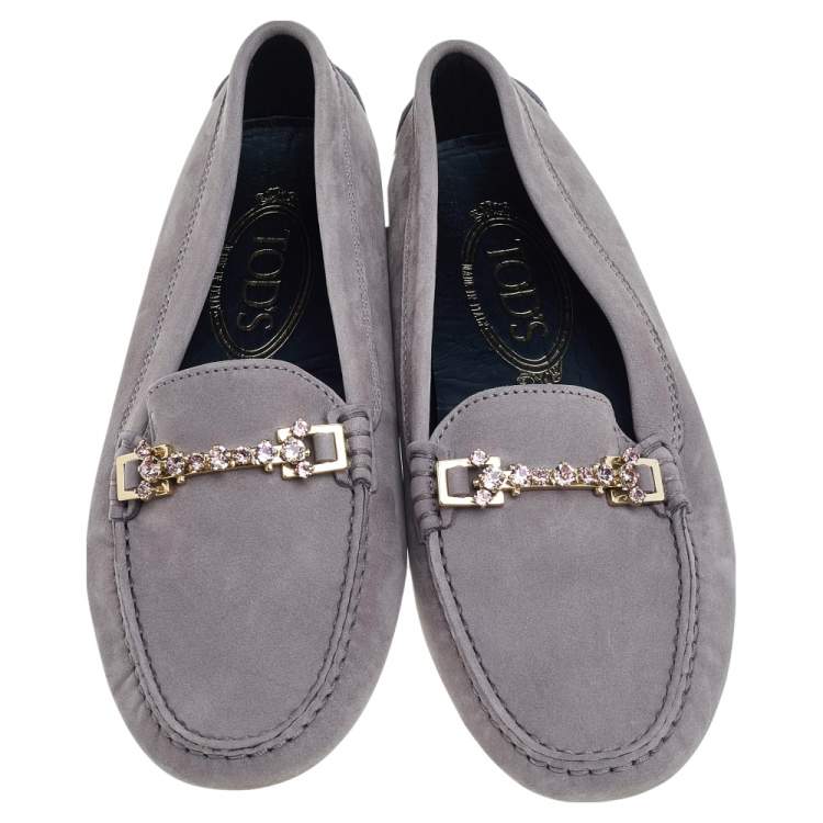 Pre Owned Tod's Grey Suede Embellished Slip On Loafers Size 36