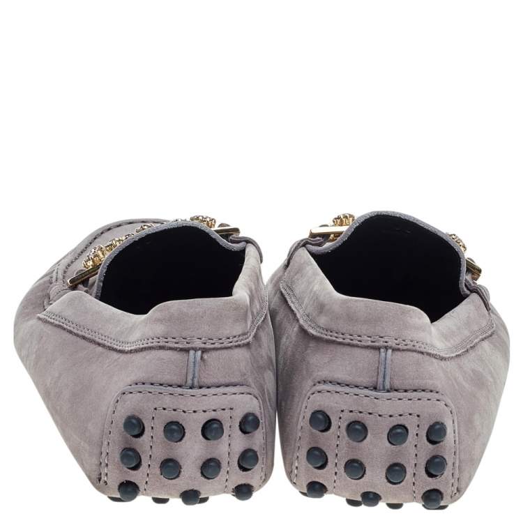 Pre Owned Tod's Grey Suede Embellished Slip On Loafers Size 36