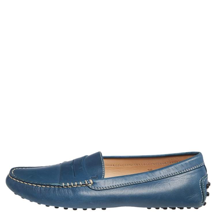 Pre Owned Tod's Blue Leather Gommino Driving Loafers Size 36