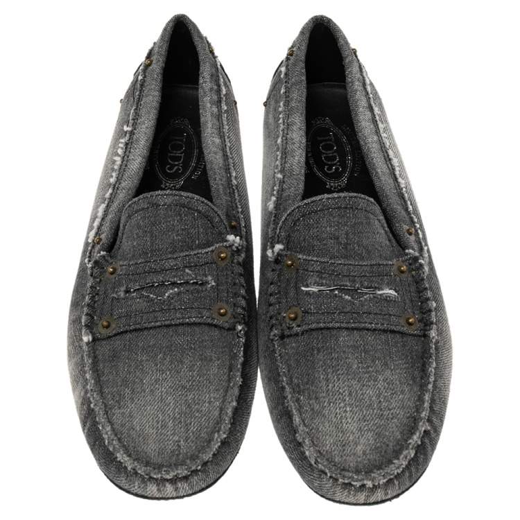 Pre Owned Tod's Grey Denim Gommini Penny Slip On Loafers Size 39
