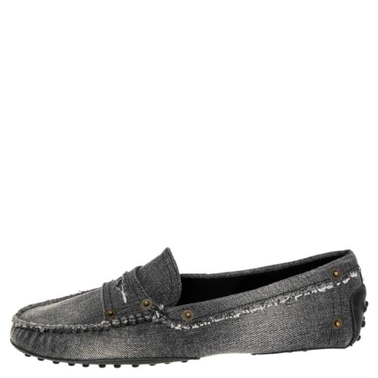 Pre Owned Tod's Grey Denim Gommini Penny Slip On Loafers Size 39