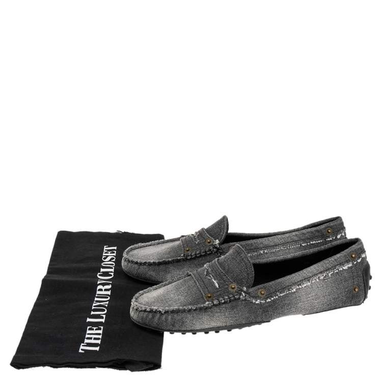 Pre Owned Tod's Grey Denim Gommini Penny Slip On Loafers Size 39