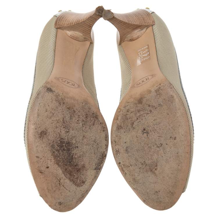 Pre Owned Tod's Beige/White Canvas And Leather Peep Toe Bow Pumps Size 36.5