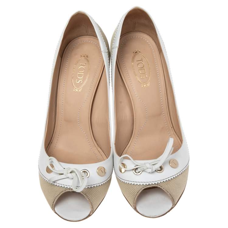 Pre Owned Tod's Beige/White Canvas And Leather Peep Toe Bow Pumps Size 36.5