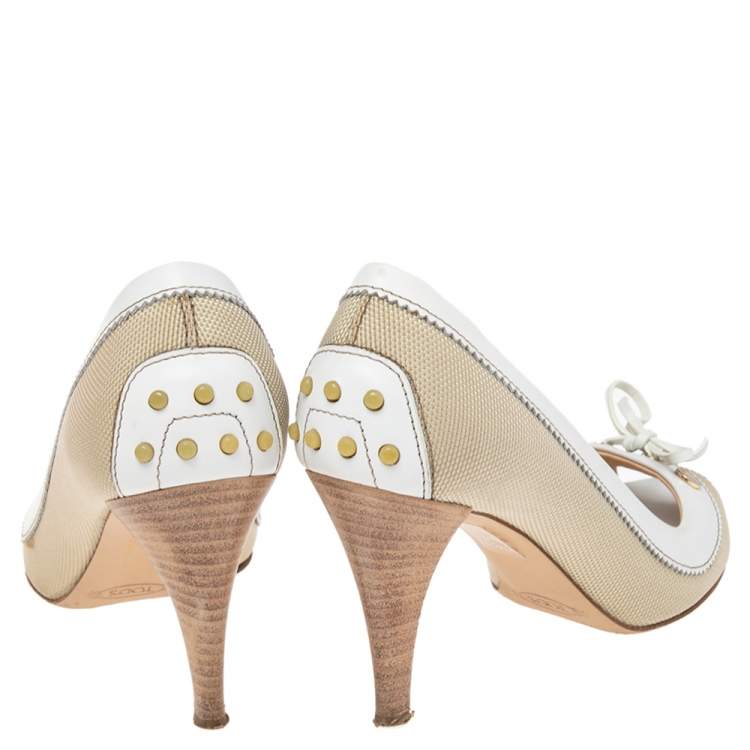 Pre Owned Tod's Beige/White Canvas And Leather Peep Toe Bow Pumps Size 36.5