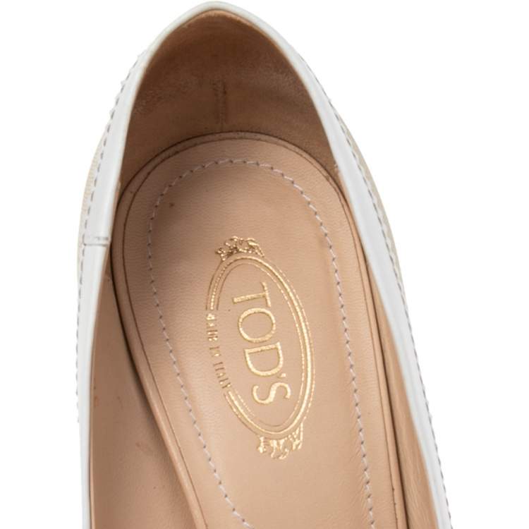 Pre Owned Tod's Beige/White Canvas And Leather Peep Toe Bow Pumps Size 36.5