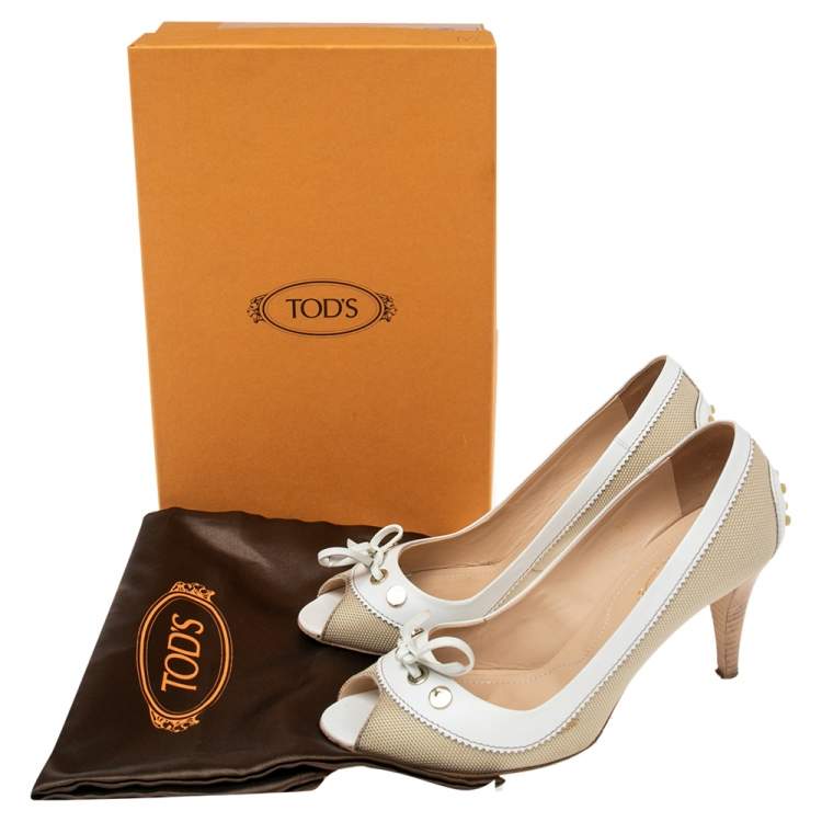 Pre Owned Tod's Beige/White Canvas And Leather Peep Toe Bow Pumps Size 36.5