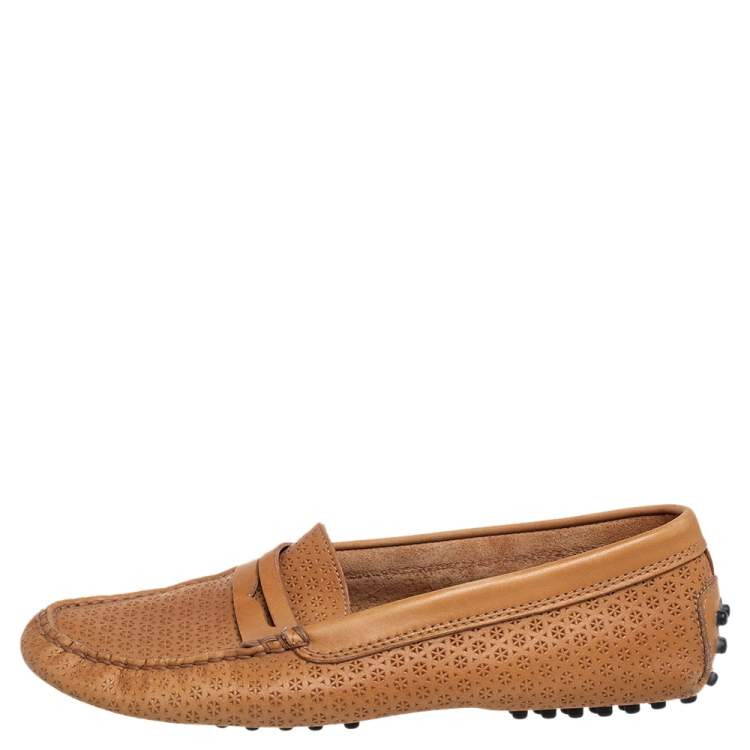 Pre Owned Tod's Tan Laser Cut Leather Penny Loafers Size 36.5