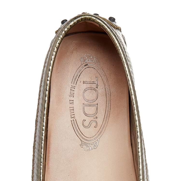 Pre Owned Tod's Metallic Bronze Lizard Embossed Leather Penny Loafers Size 37