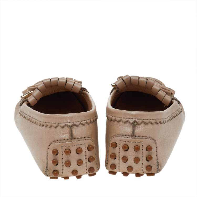 Pre Owned Tod's Beige Leather Fringe Slip on Loafers Size 36.5