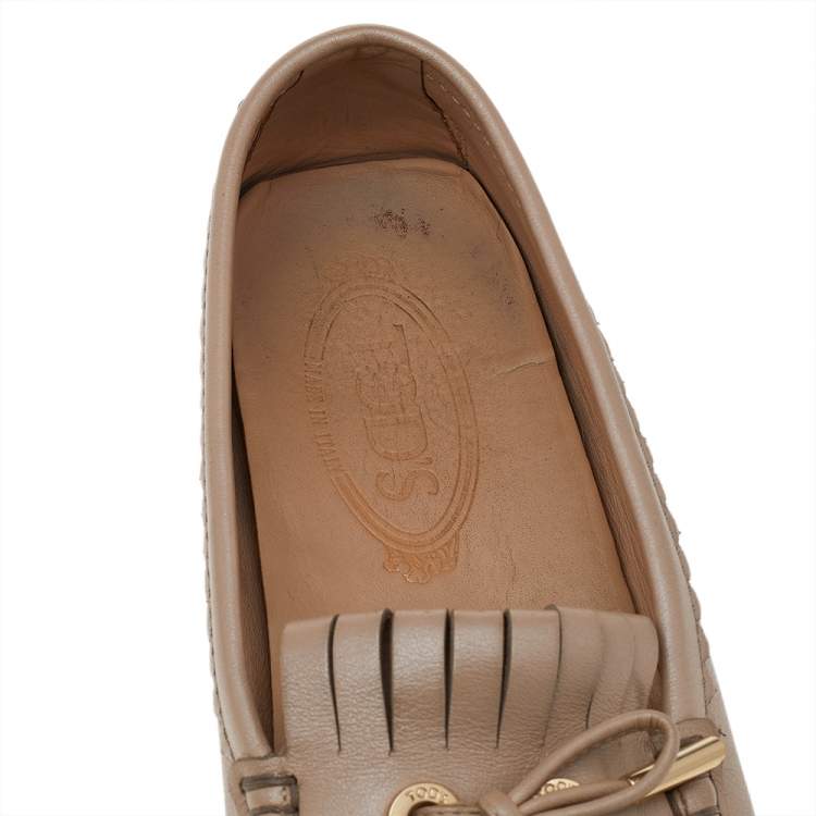 Pre Owned Tod's Beige Leather Fringe Slip on Loafers Size 36.5