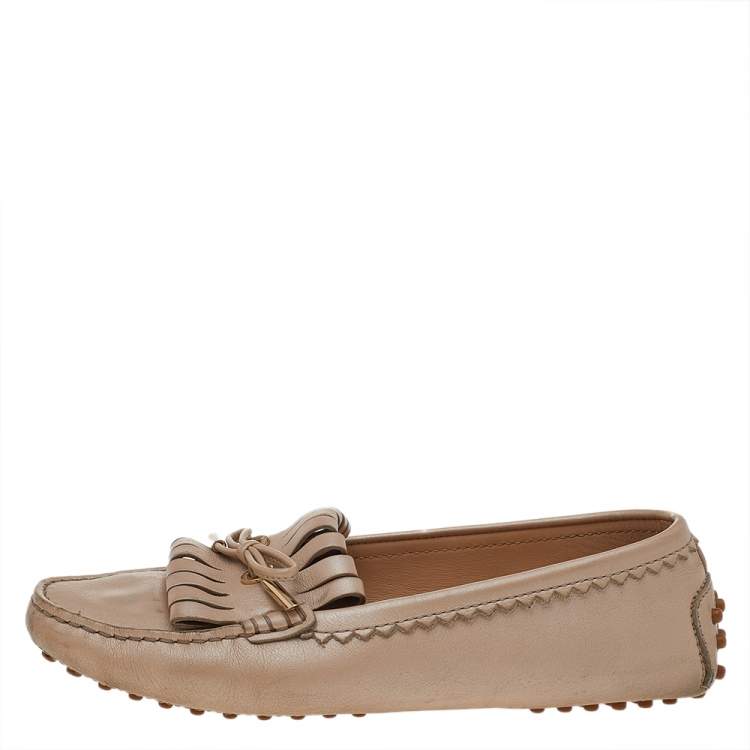 Pre Owned Tod's Beige Leather Fringe Slip on Loafers Size 36.5