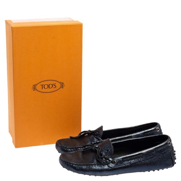 Pre Owned Tod's Metallic Blue Leather Gommino Slip On Loafers Size 38