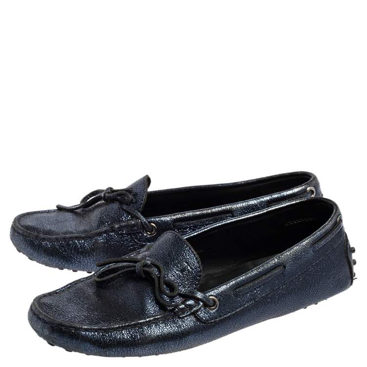 Pre Owned Tod's Metallic Blue Leather Gommino Slip On Loafers Size 38