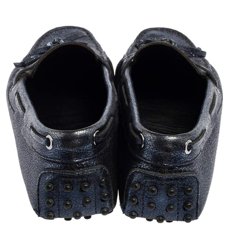 Pre Owned Tod's Metallic Blue Leather Gommino Slip On Loafers Size 38