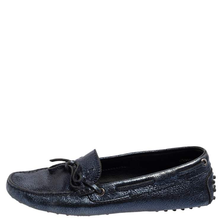 Pre Owned Tod's Metallic Blue Leather Gommino Slip On Loafers Size 38