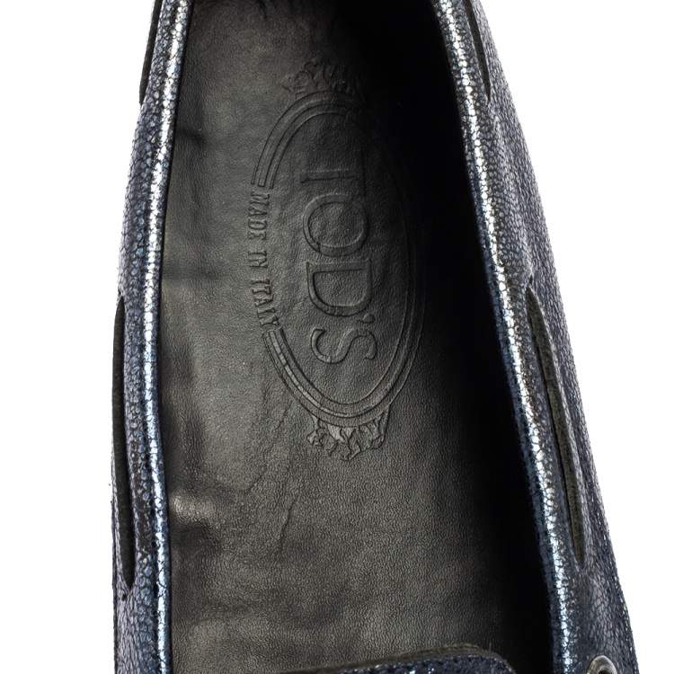 Pre Owned Tod's Metallic Blue Leather Gommino Slip On Loafers Size 38