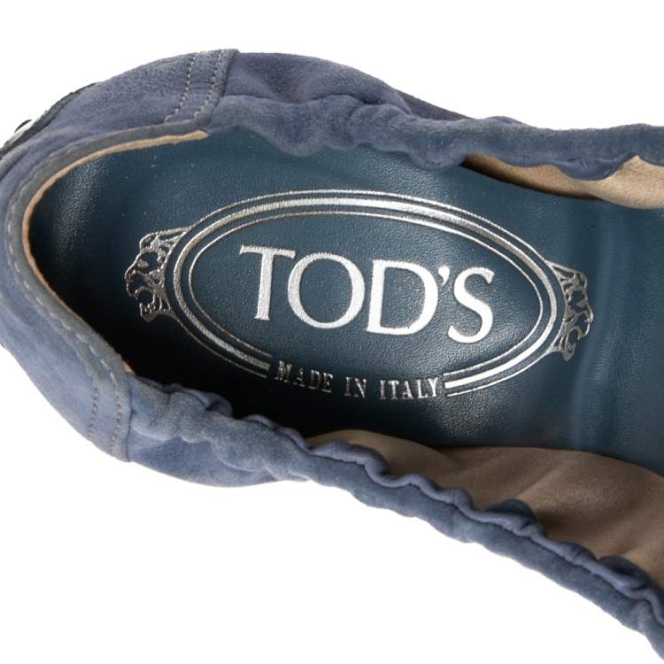Pre Owned Tod's Blue Suede And Patent Leather Bow Scrunch Ballet Flats Size 37