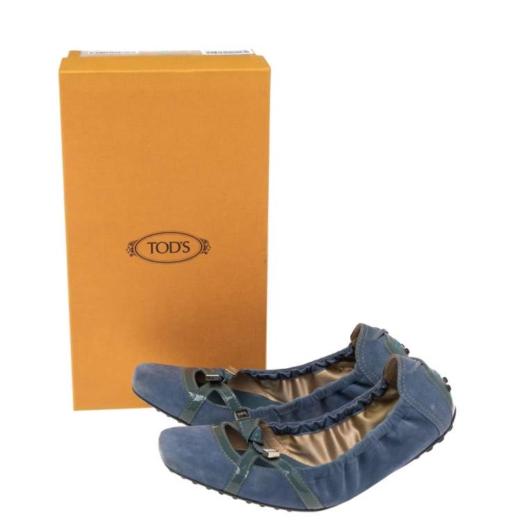 Pre Owned Tod's Blue Suede And Patent Leather Bow Scrunch Ballet Flats Size 37