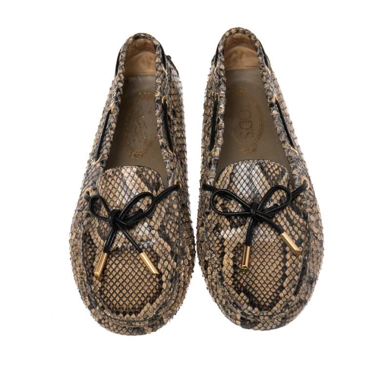 Pre Owned Tod's Beige/Brown Python  Slip On Bow Loafers Size 39