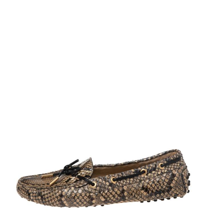 Pre Owned Tod's Beige/Brown Python  Slip On Bow Loafers Size 39