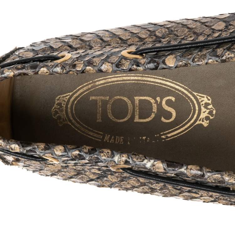 Pre Owned Tod's Beige/Brown Python  Slip On Bow Loafers Size 39