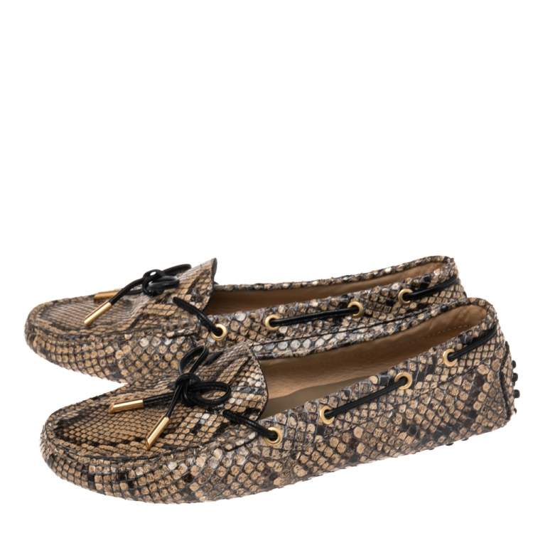 Pre Owned Tod's Beige/Brown Python  Slip On Bow Loafers Size 39