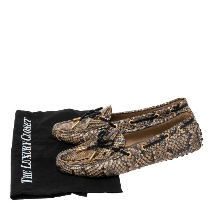 Pre Owned Tod's Beige/Brown Python  Slip On Bow Loafers Size 39