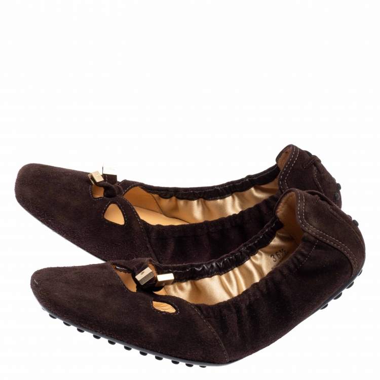 Pre Owned Tod's Brown Suede Scrunch Bow Ballet Flats Size 36.5