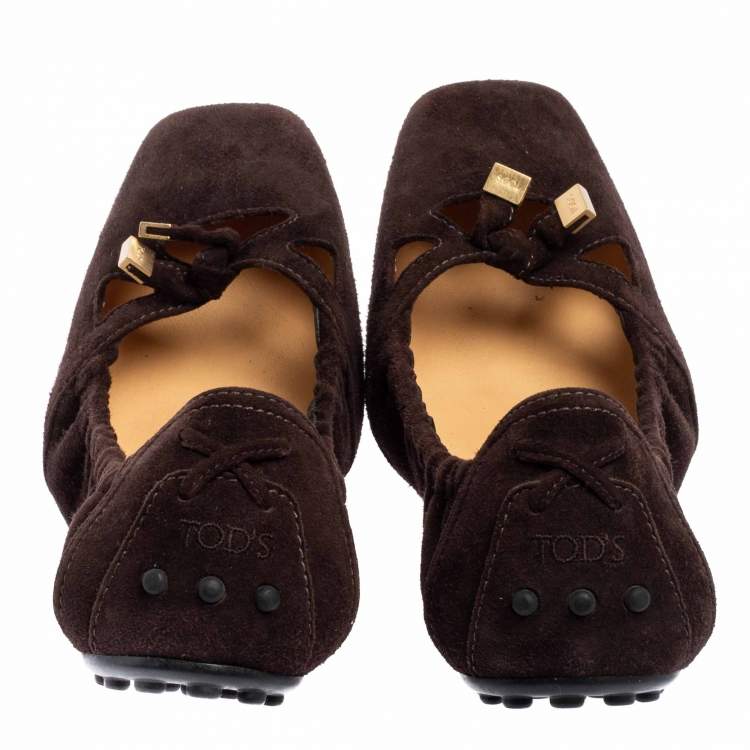 Pre Owned Tod's Brown Suede Scrunch Bow Ballet Flats Size 36.5
