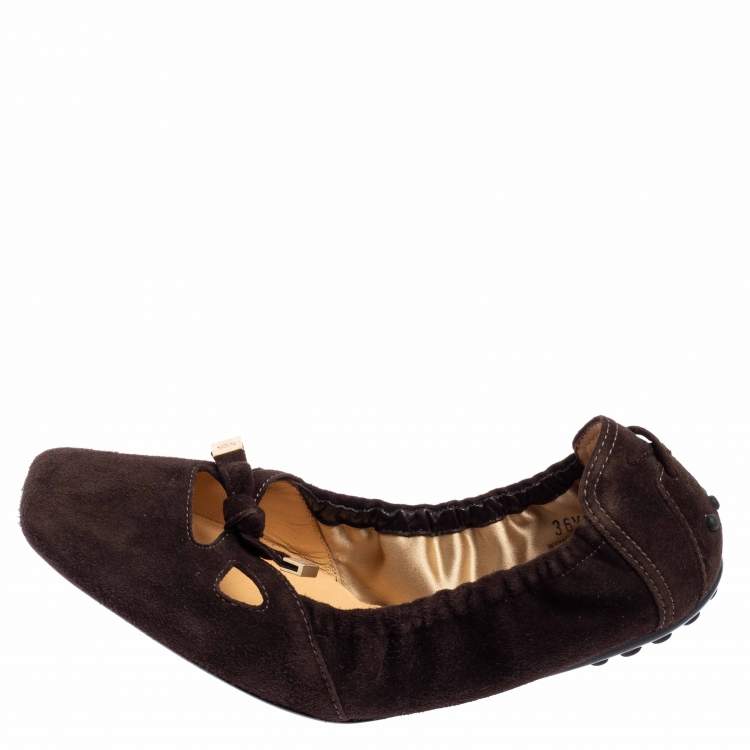 Pre Owned Tod's Brown Suede Scrunch Bow Ballet Flats Size 36.5