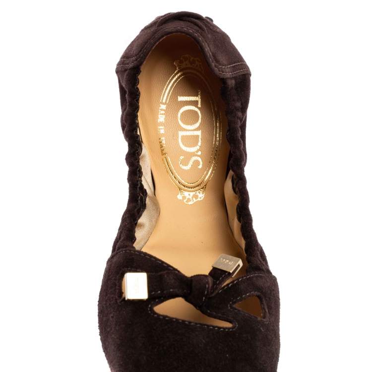 Pre Owned Tod's Brown Suede Scrunch Bow Ballet Flats Size 36.5