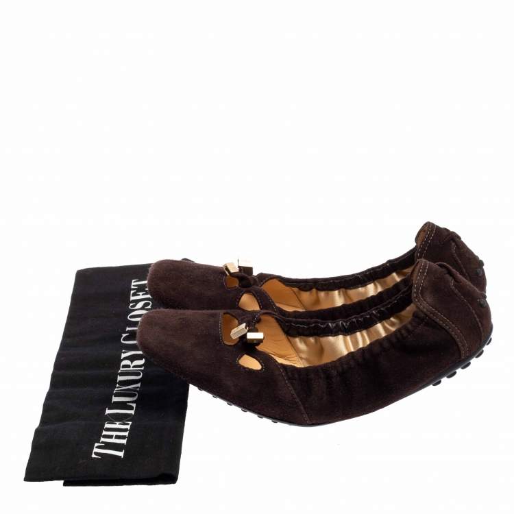 Pre Owned Tod's Brown Suede Scrunch Bow Ballet Flats Size 36.5