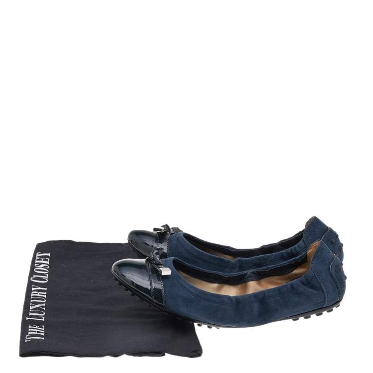 Pre Owned Tod's Navy Blue Suede And Patent Leather Trim Toe Cap Scrunch Ballet Flats Size 36.5