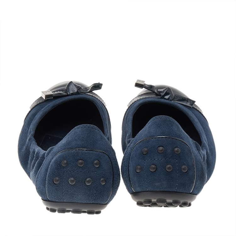 Pre Owned Tod's Navy Blue Suede And Patent Leather Trim Toe Cap Scrunch Ballet Flats Size 36.5