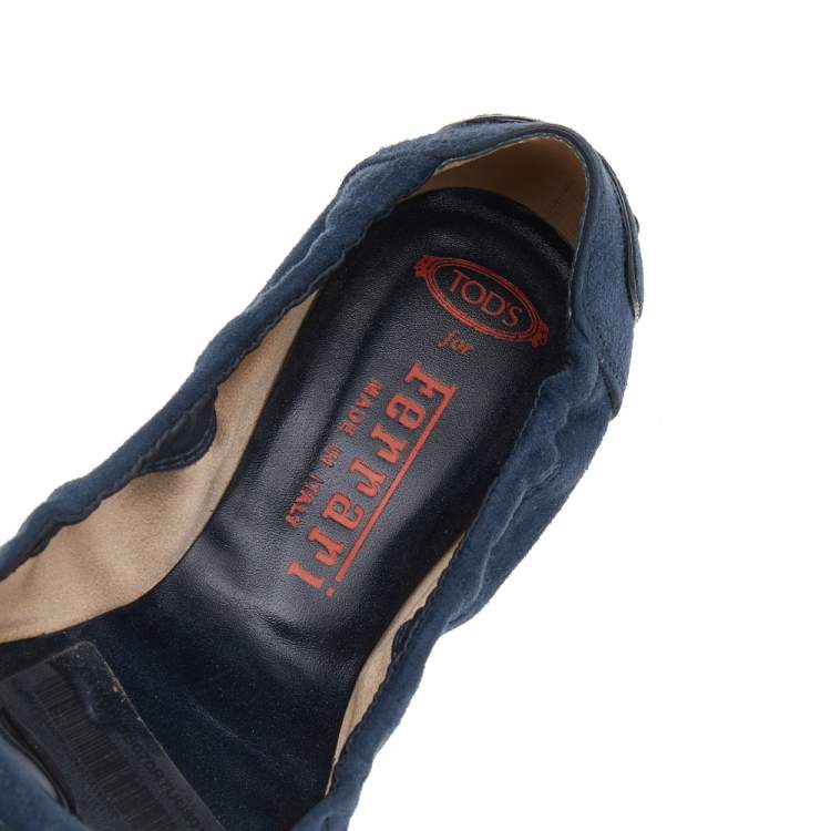 Pre Owned Tod's Navy Blue Suede And Patent Leather Trim Toe Cap Scrunch Ballet Flats Size 36.5