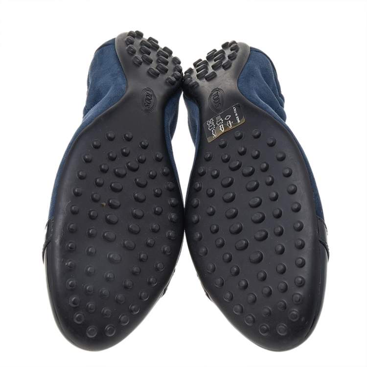 Pre Owned Tod's Navy Blue Suede And Patent Leather Trim Toe Cap Scrunch Ballet Flats Size 36.5