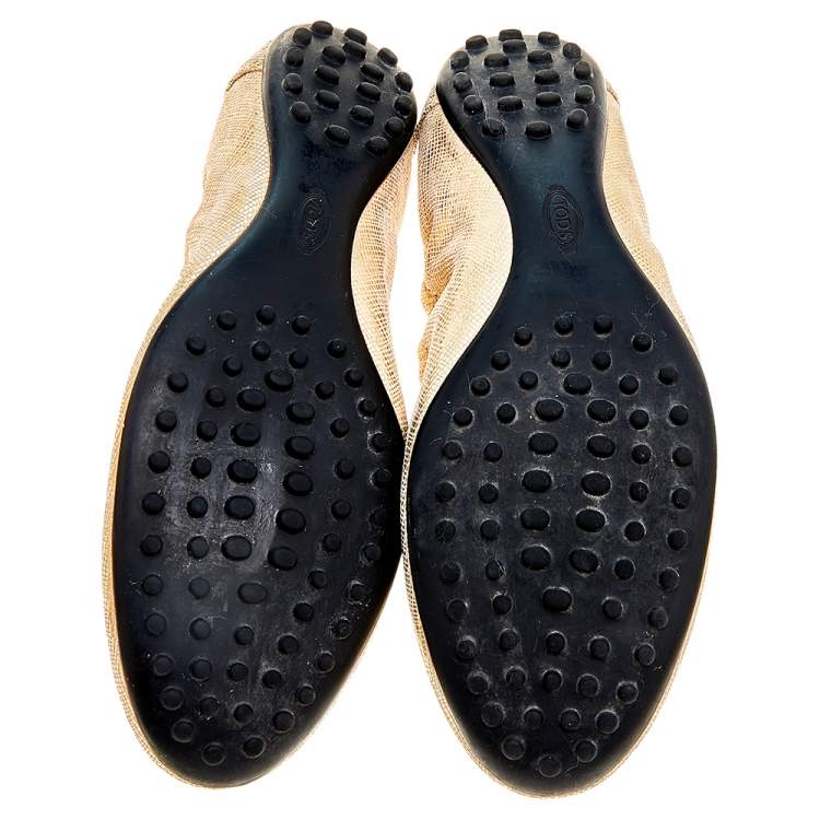 Pre Owned Tod's Metallic Gold Textured Suede Bow Scrunch Ballet Flats Size 38.5