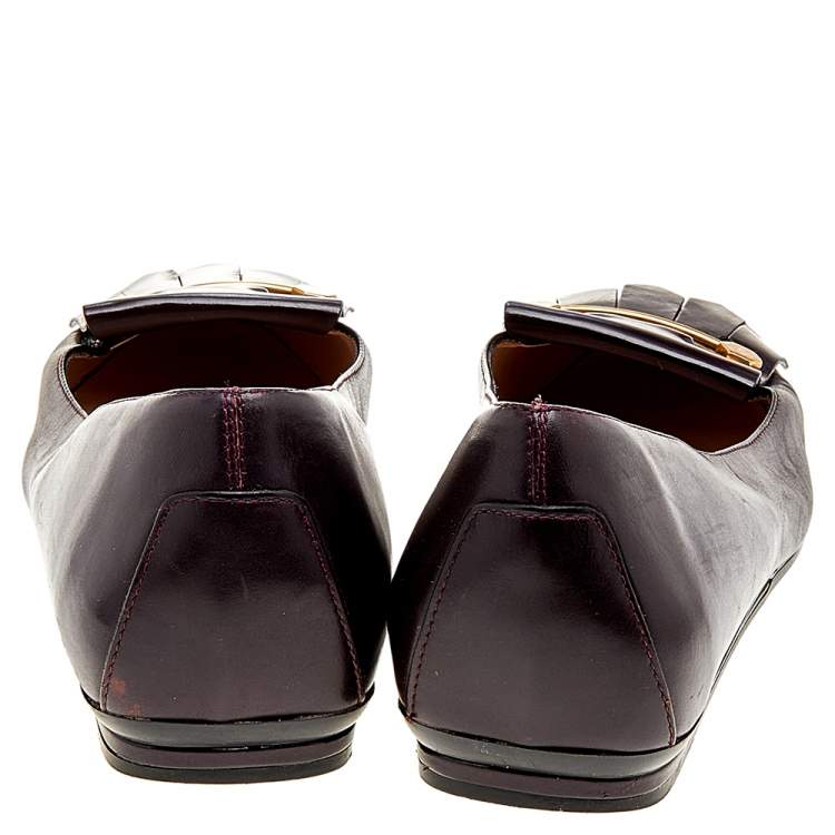 Pre Owned Tod's Burgundy Leather Fringe Ballet Flats Size 39