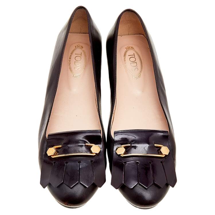 Pre Owned Tod's Burgundy Leather Fringe Ballet Flats Size 39