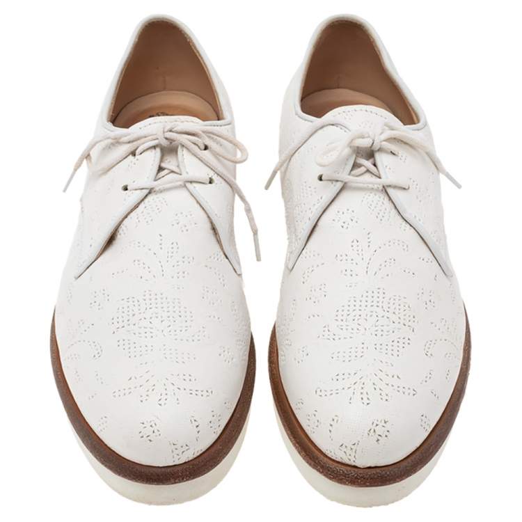 Pre Owned Tod's White Laser Cut Leather Lace Up Derby Size 37