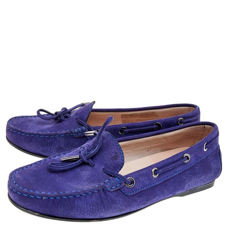 Pre Owned Tod's Blue Nubuck Leather Bow Slip On Loafers Size 37